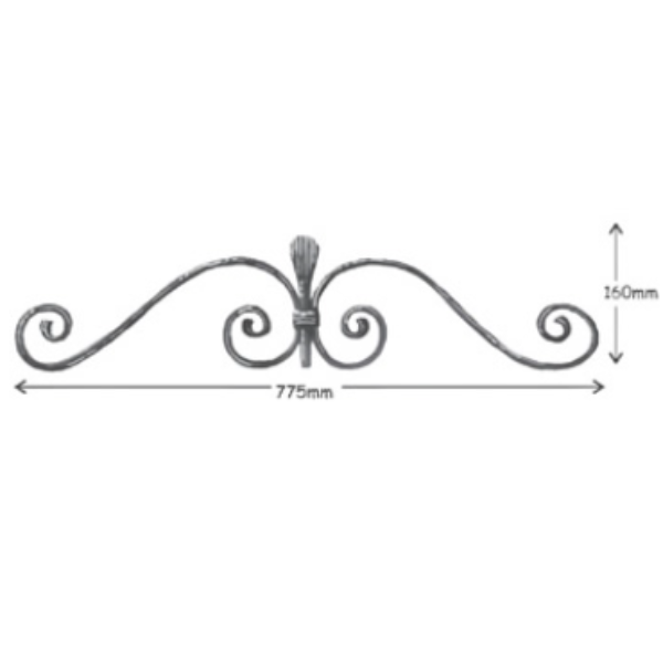 Wrought Iron 16 x 6mm Plain Bar Top Scroll at 775mm Long 160mm High 37/1B